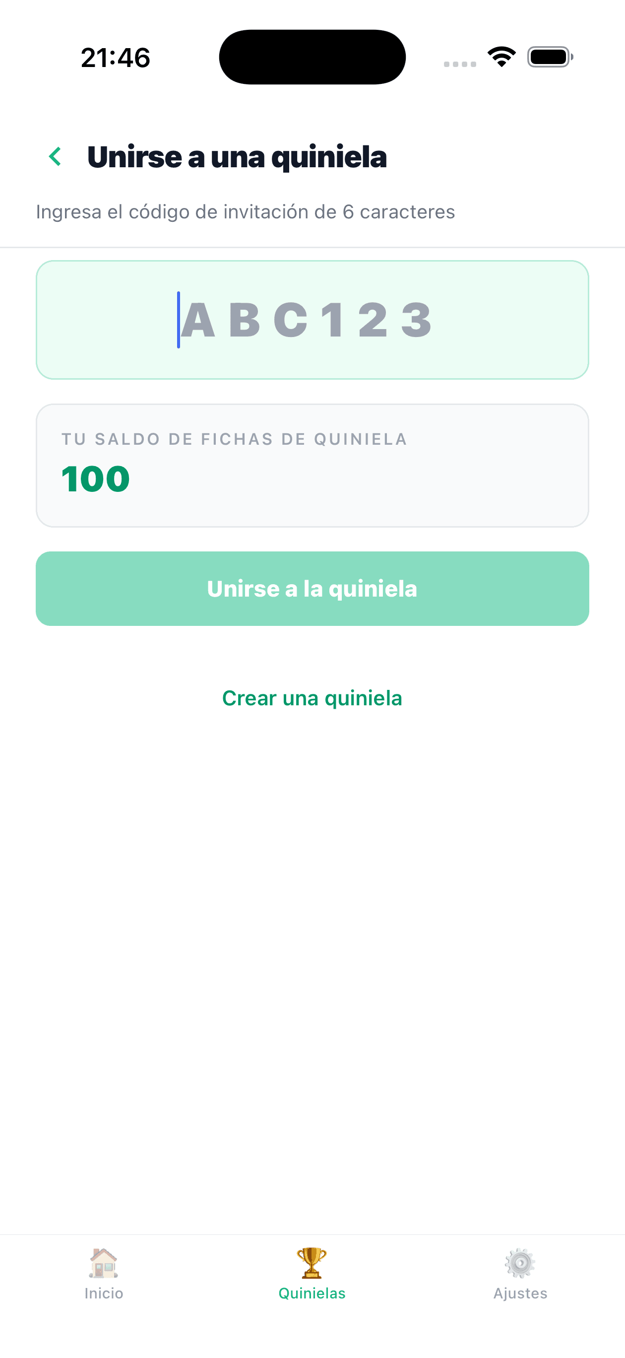 MiGol join pool screen with code entry and token balance