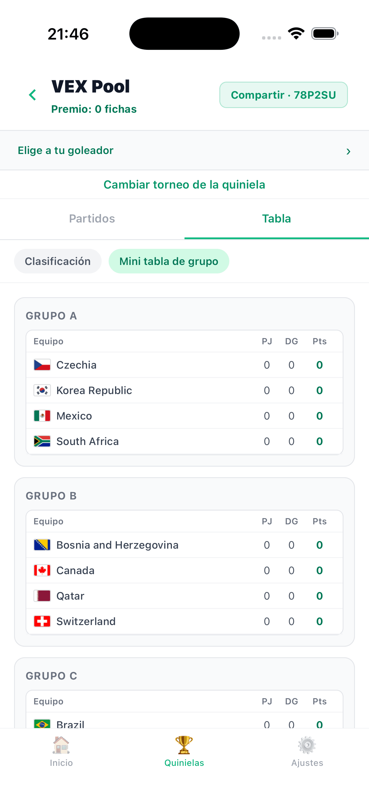 MiGol home screen highlighting pool token balance and request option